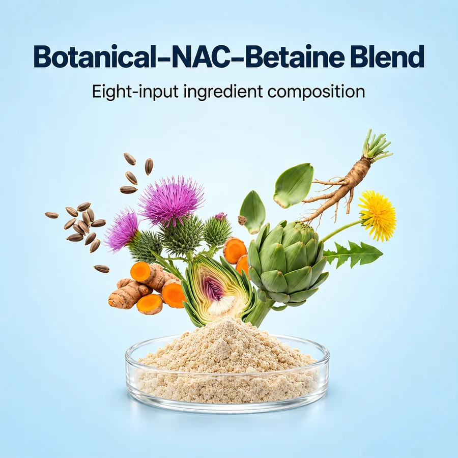 Botanical source collage with a conceptual ingredient dish for the eight-input NAC and betaine blend