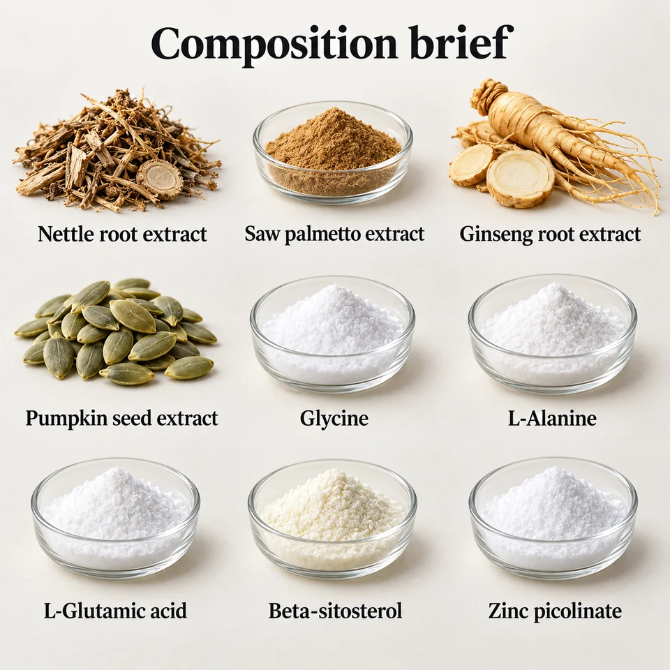 Nettle–Saw Palmetto–Ginseng–Pumpkin–Amino Acid–Zinc Blend named composition input guide