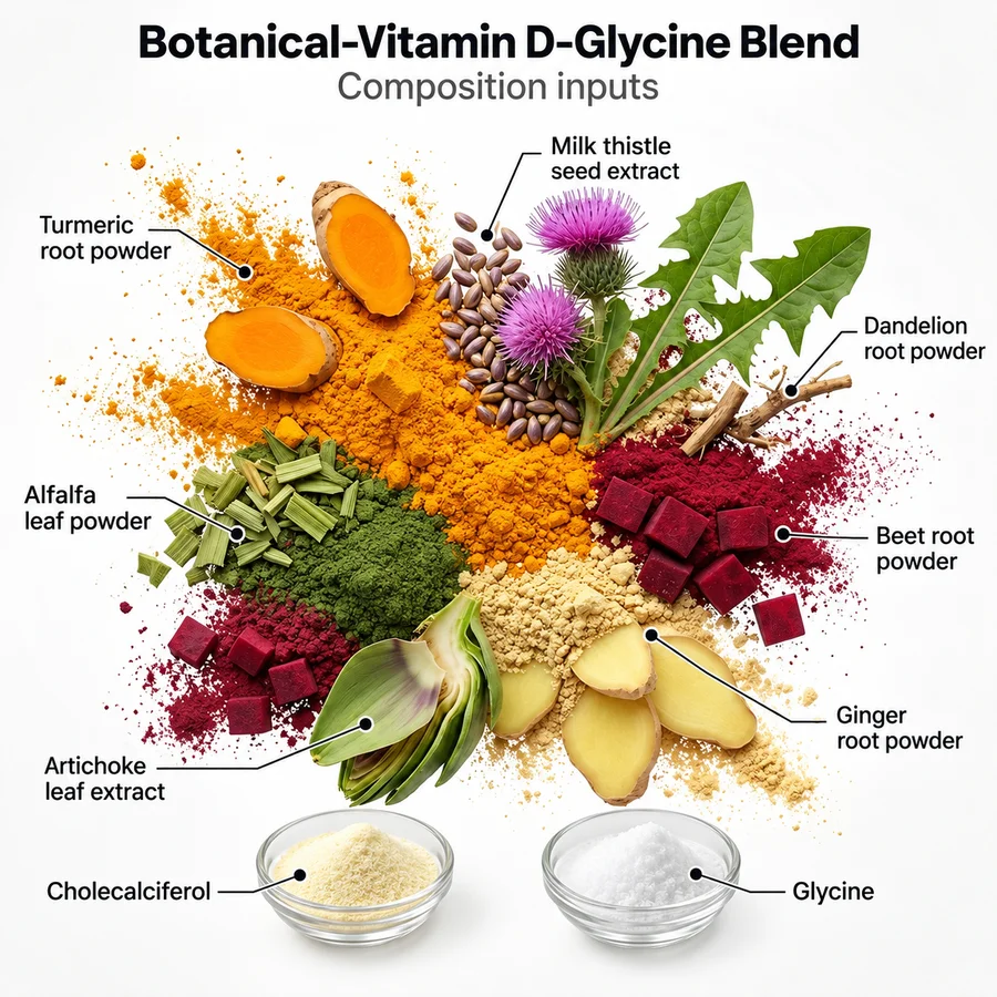 Source-defined composition and ingredient inputs for root leaf powder extract vitamin d glycine blend