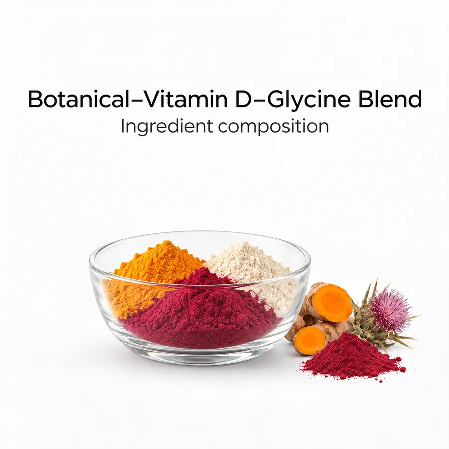 Product-specific ingredient-composition marketing visual for root leaf powder extract vitamin d glycine blend