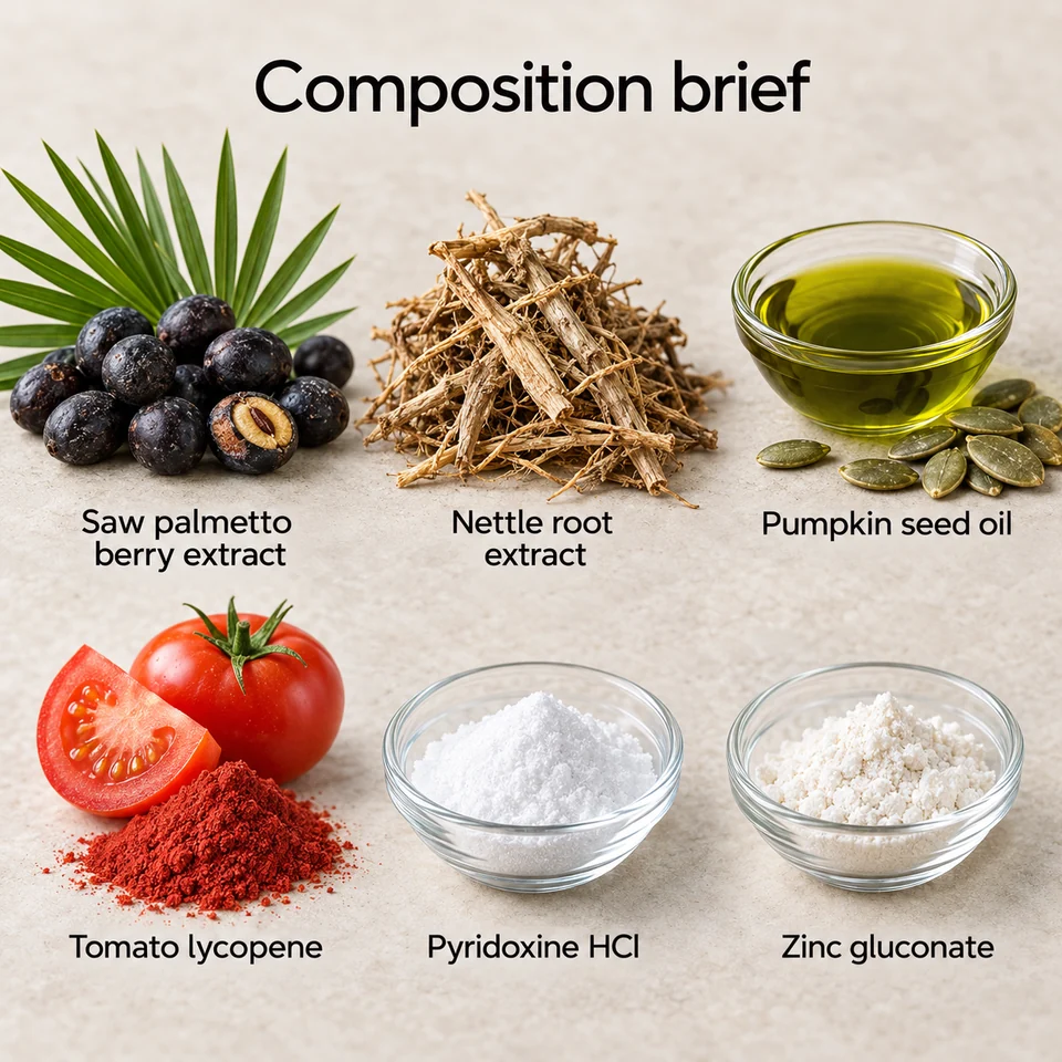 Saw Palmetto–Nettle–Pumpkin Oil–Lycopene–B6–Zinc Blend named composition input guide
