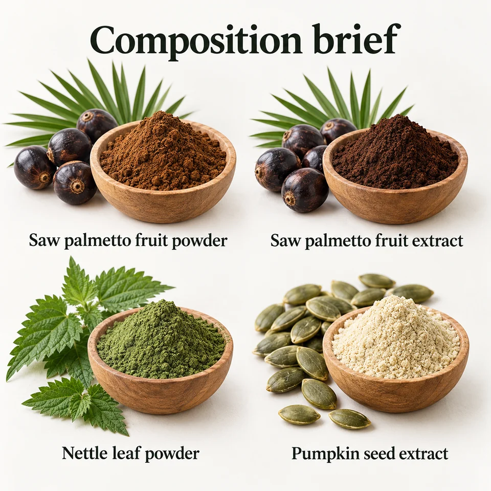 Saw Palmetto Powder–Extract–Nettle Leaf–Pumpkin Blend named composition input guide