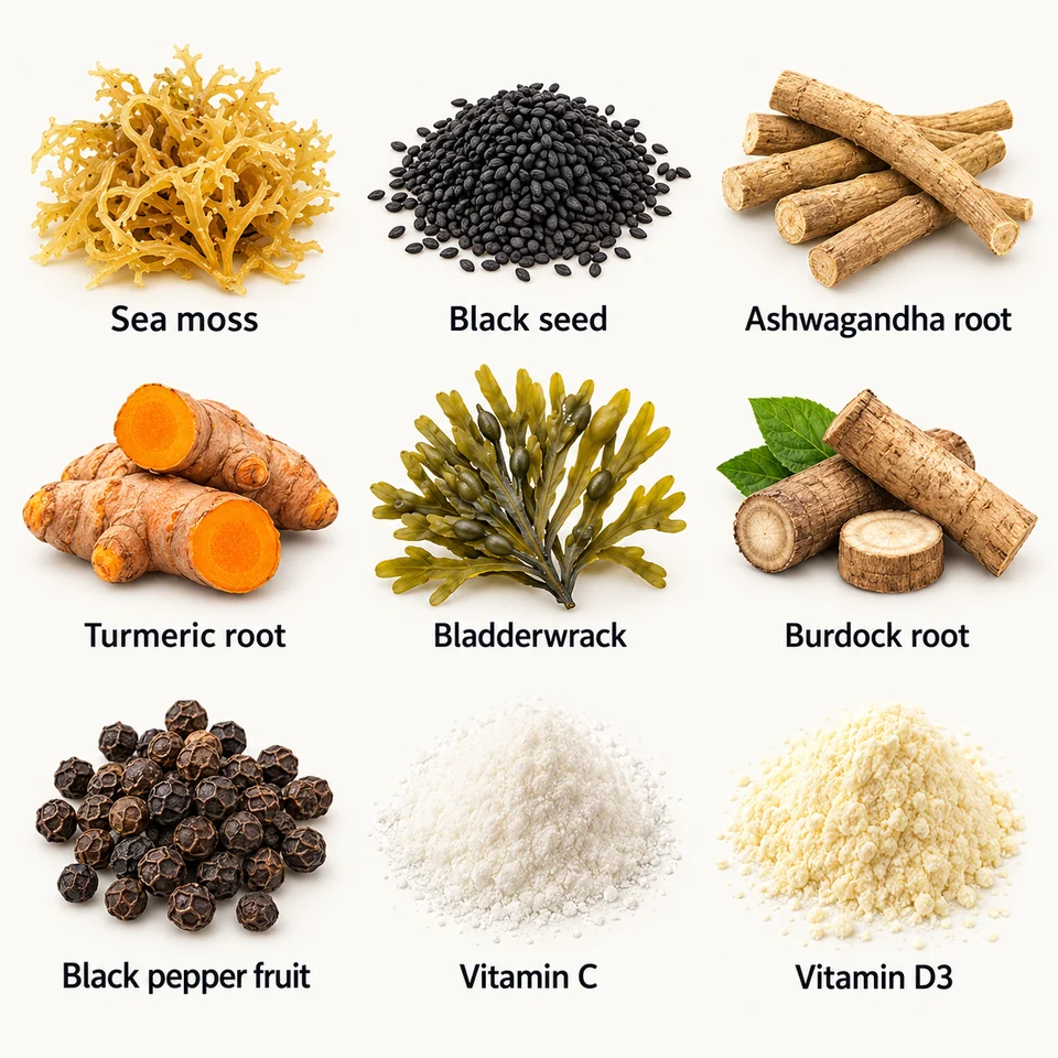 Sea moss botanical vitamin composition input guide with nine named inputs