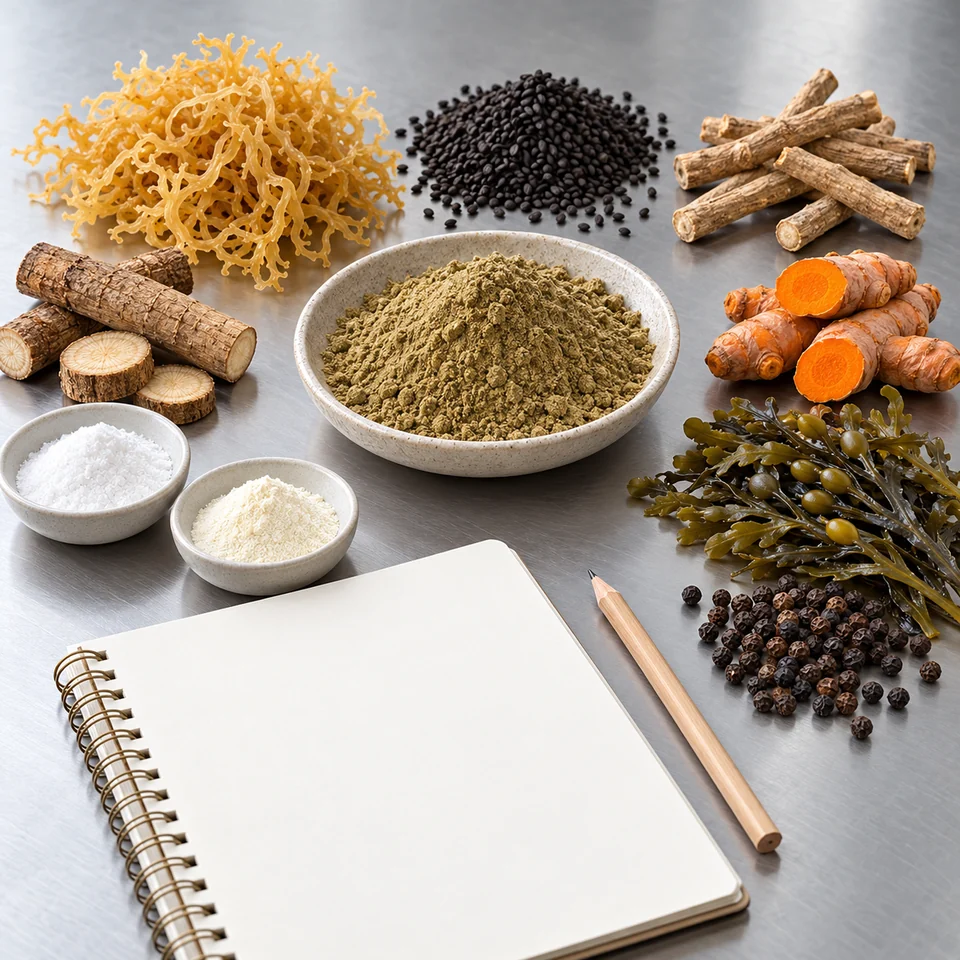 Blank purchasing brief with sea moss botanical and vitamin input context