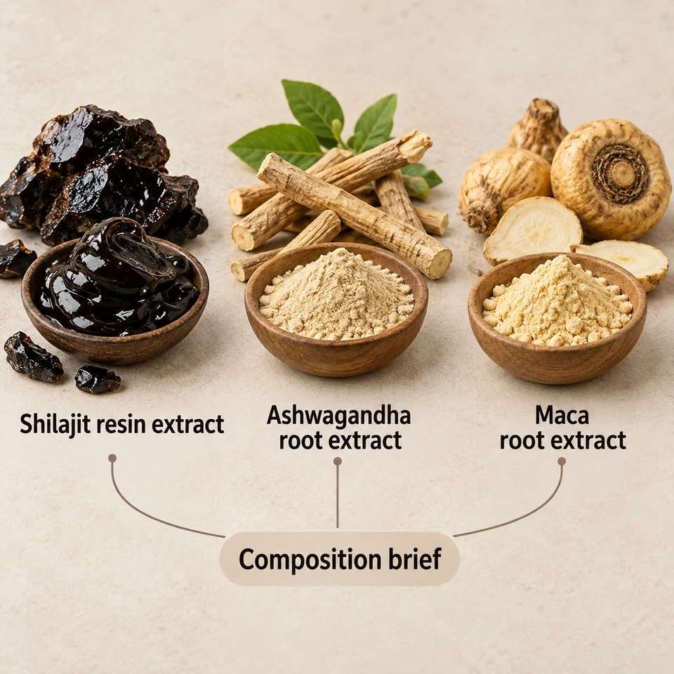 Shilajit resin, ashwagandha root and maca root extract composition inputs