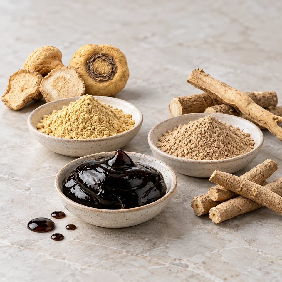 Shilajit resin, ashwagandha root and maca root ingredient inputs