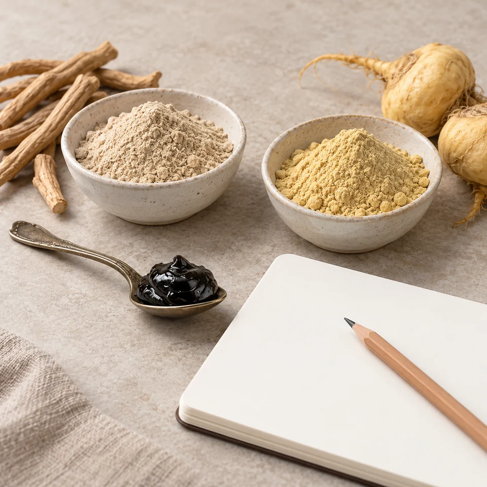 Blank purchasing brief beside shilajit and root-extract input visuals