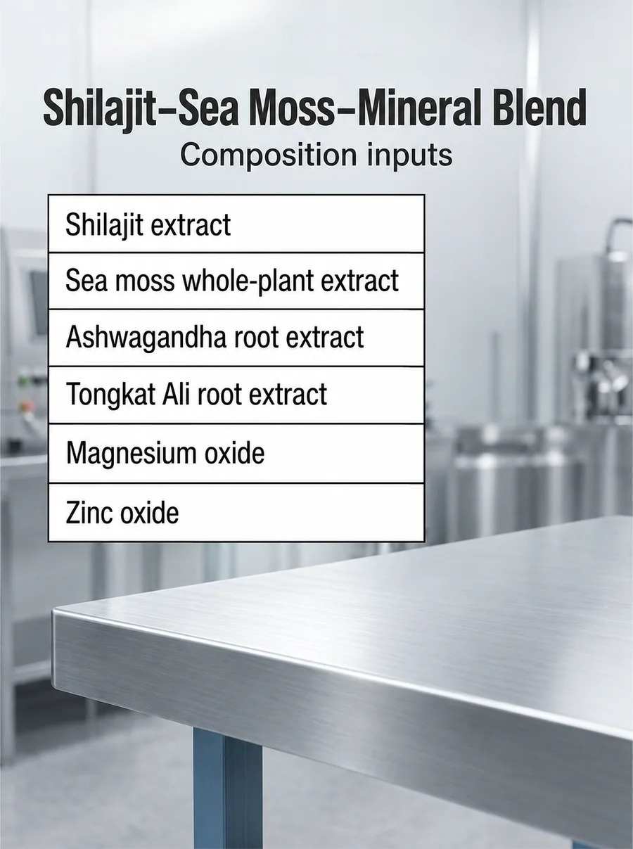 Declared composition inputs for shilajit sea moss ashwagandha tongkat mineral blend