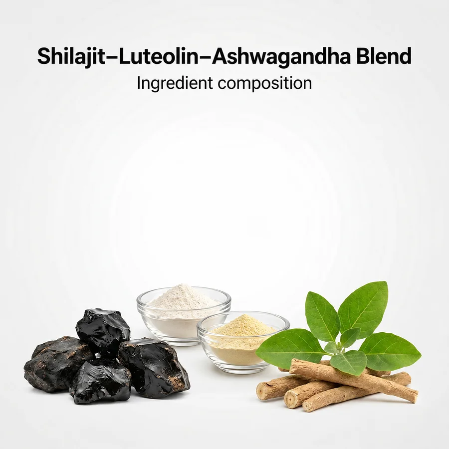 Product-specific ingredient composition for shilajit zinc luteolin phospholipid ashwagandha blend