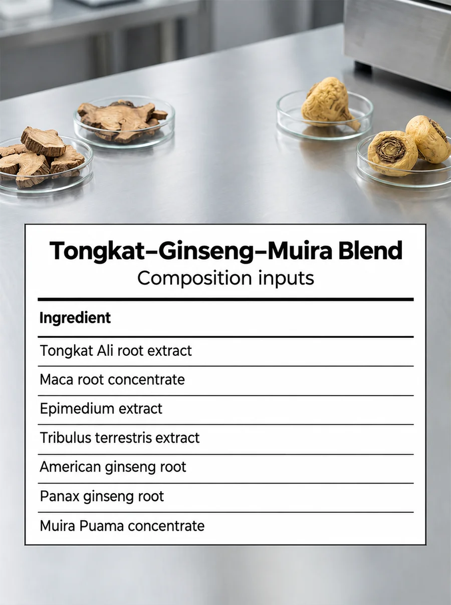 Named composition-input reference for tongkat maca epimedium tribulus ginseng muira blend