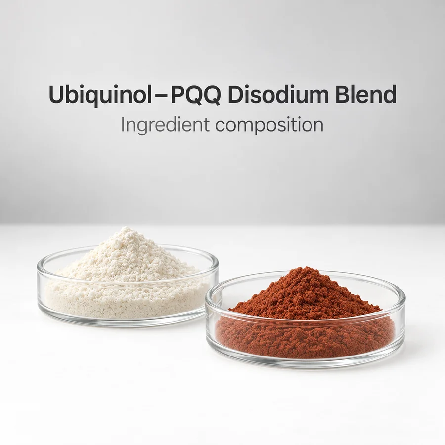 Ingredient-composition source context for ubiquinol pqq disodium blend