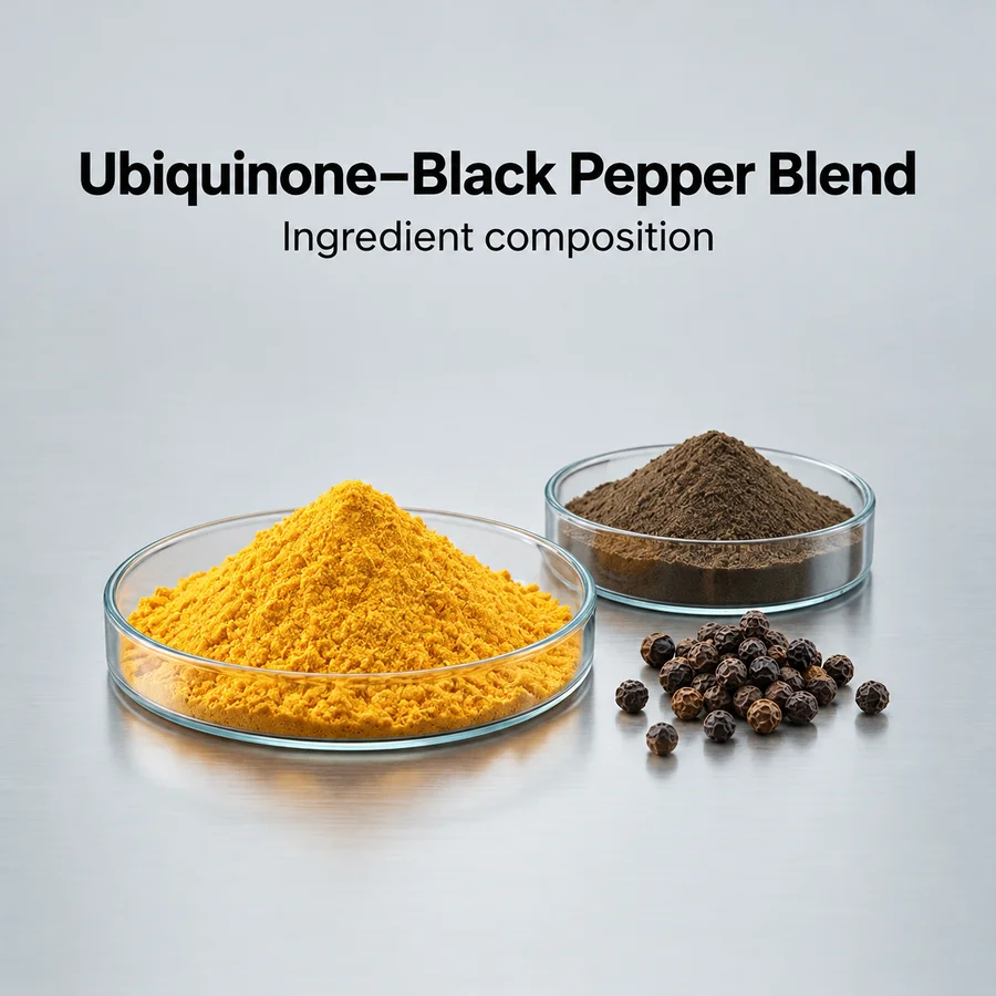Product-specific ingredient composition for ubiquinone black pepper fruit extract blend