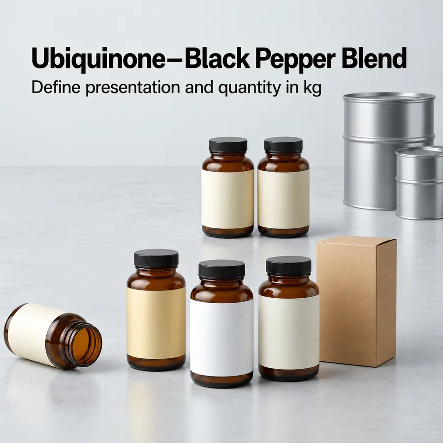 Unbranded packaging discussion for ubiquinone black pepper fruit extract blend