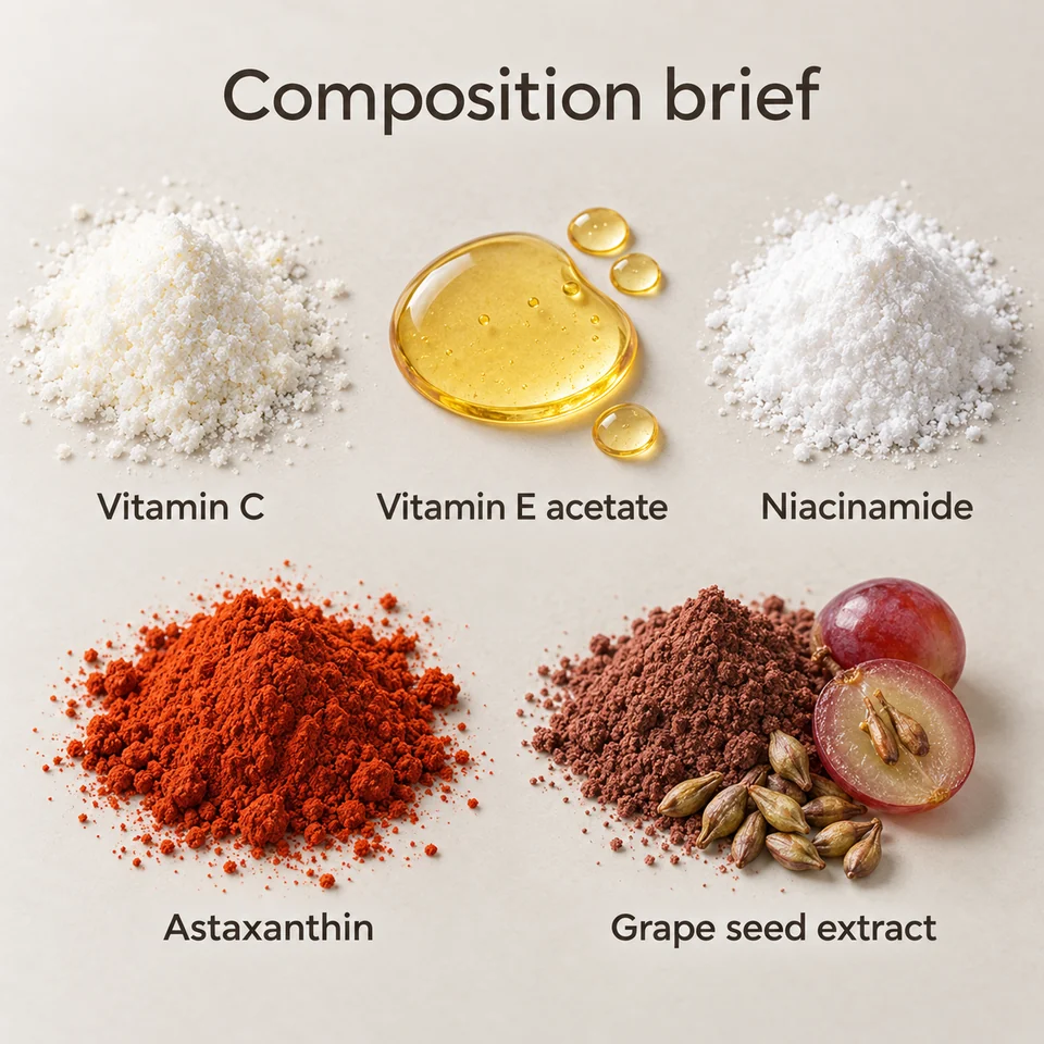 Vitamin C–E–Niacinamide–Astaxanthin–Grape Seed Blend named composition input guide