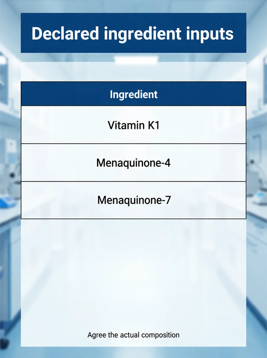 Vitamin K1–MK-4–MK-7 Blend declared ingredient composition