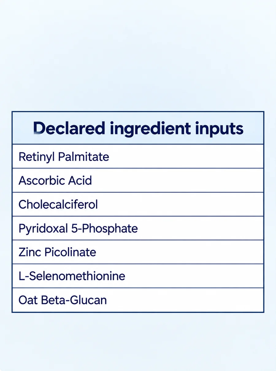 Vitamin–Mineral–Oat Beta-Glucan Blend declared composition