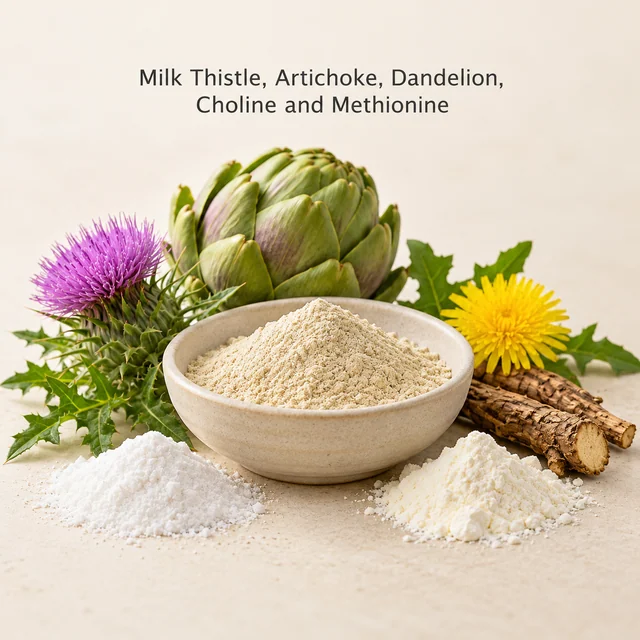Milk Thistle, Artichoke, Dandelion, Choline and Methionine — ingredient composition visual