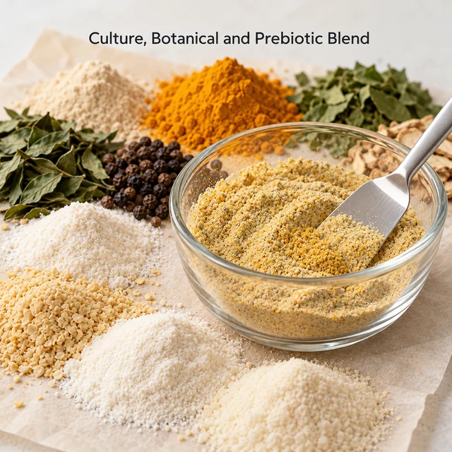 Three-Culture, Botanical and Four-Prebiotic Blend — formulation context