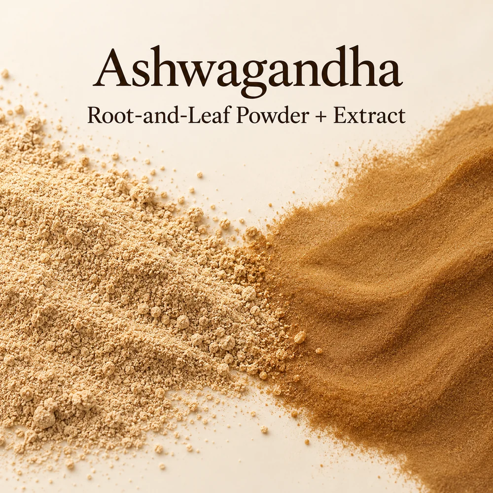 Ashwagandha Root-and-Leaf Powder–Extract Blend ingredient composition concept
