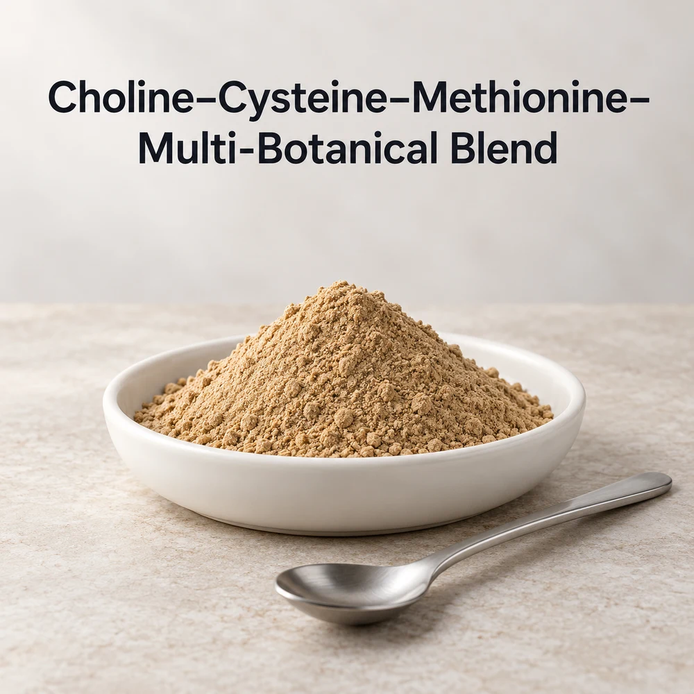 Choline–Cysteine–Methionine–Multi-Botanical Blend conceptual ingredient-powder view.