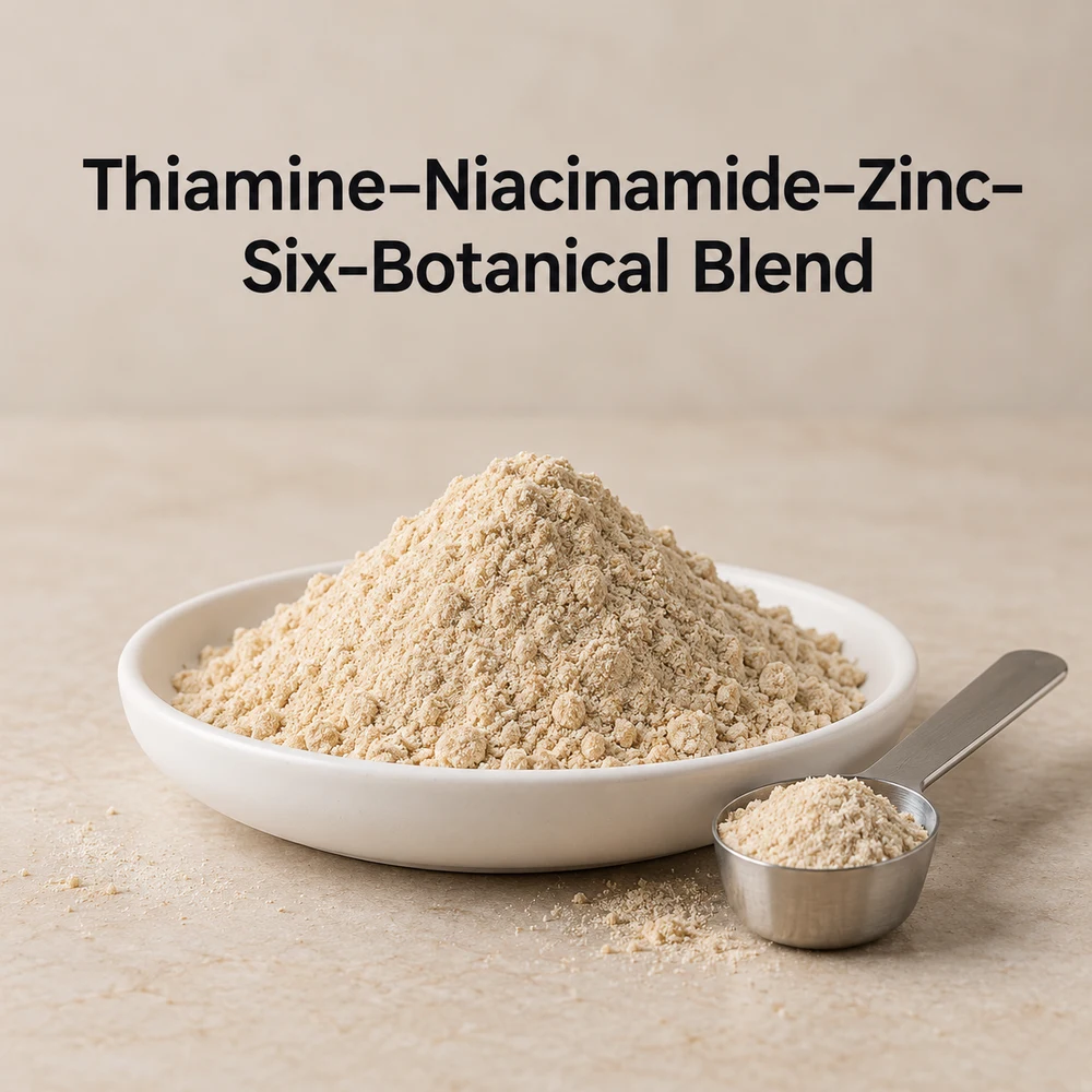 Thiamine–Niacinamide–Zinc–Six-Botanical Blend conceptual ingredient-powder view.