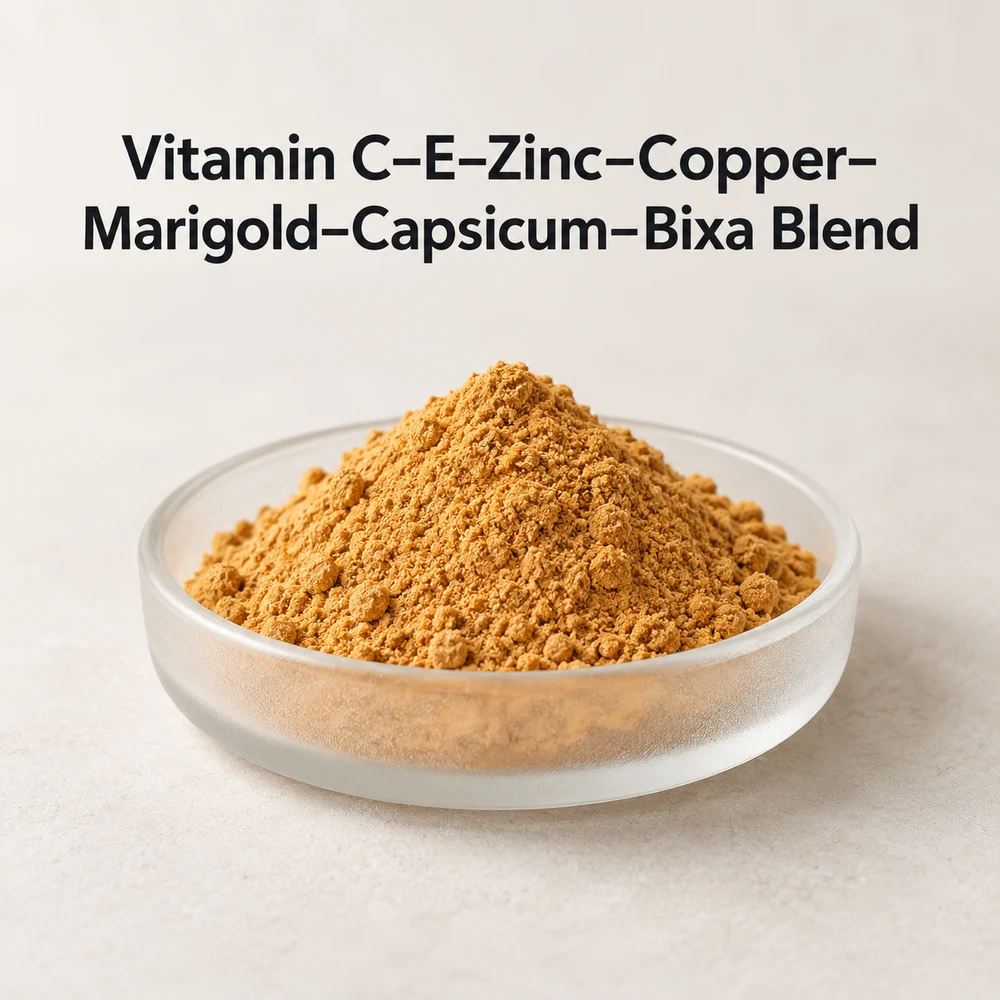 Vitamin C–E–Zinc–Copper–Marigold–Capsicum–Bixa Blend conceptual ingredient-powder view.