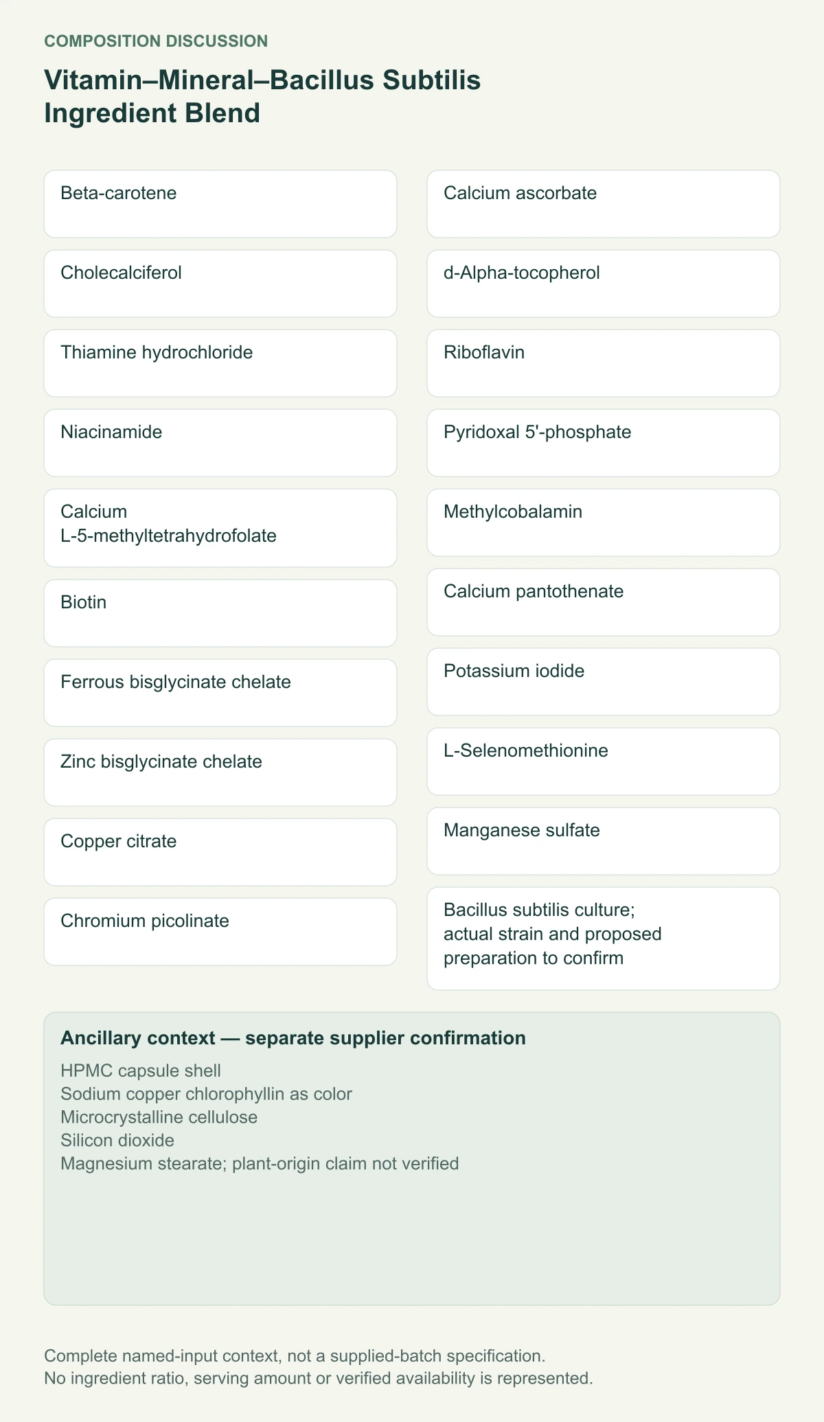 Vitamin–Mineral–Bacillus Subtilis Ingredient Blend complete named-input and separate ancillary-context diagram