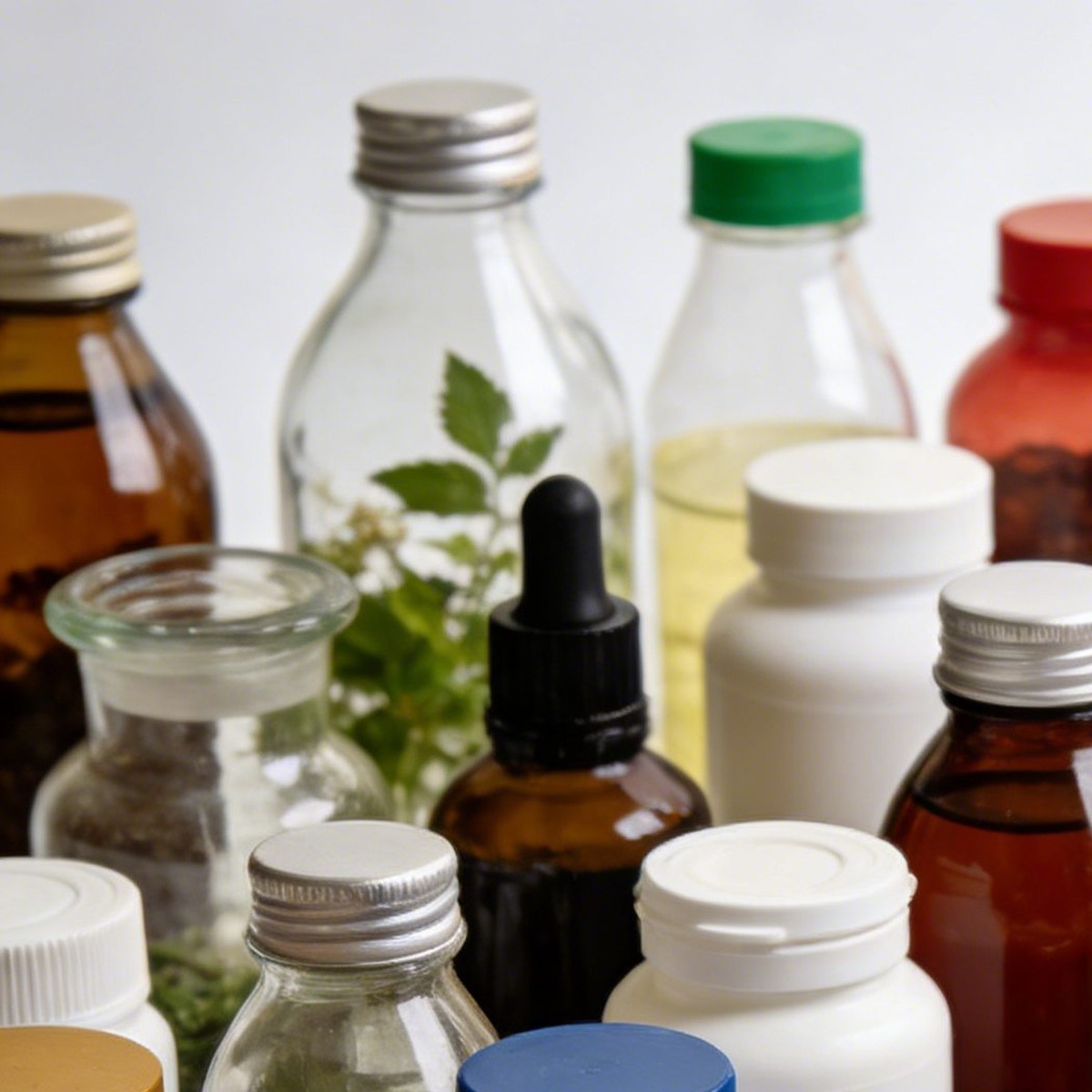 Supplement bottles, jars, sachets, capsules and herbal packaging details