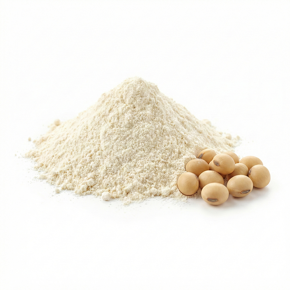 Soy protein ingredient sourcing visual with powder and soybeans