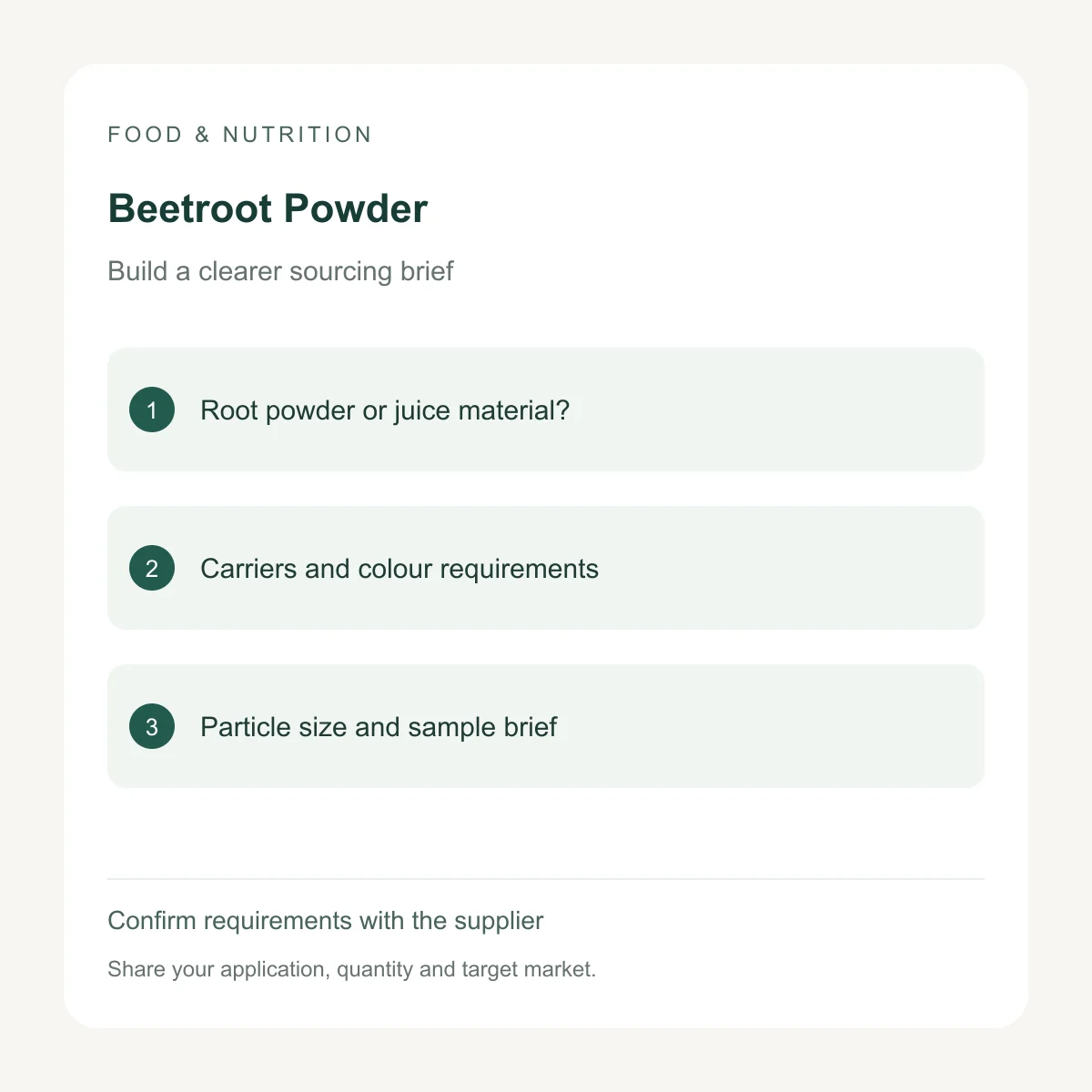 Beetroot Powder procurement inputs to confirm