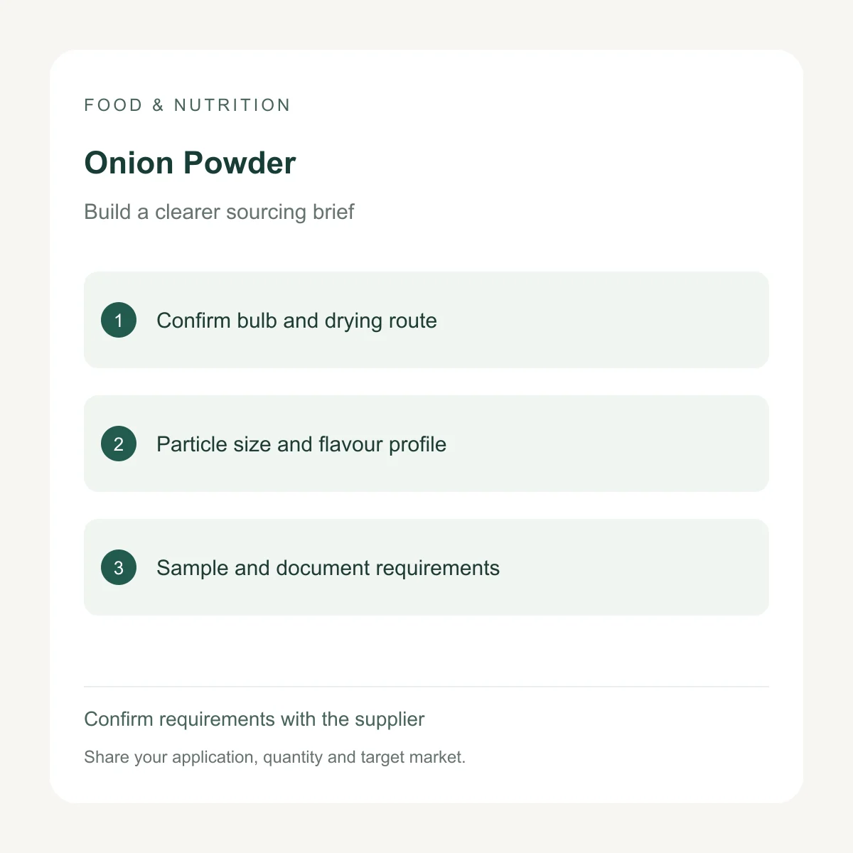Onion Powder procurement inputs to confirm