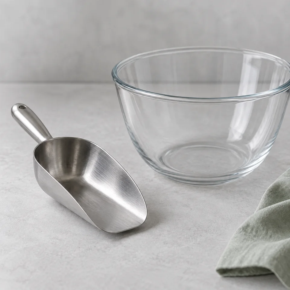 Empty scoop and mixing vessel for dry ingredient handling discussion