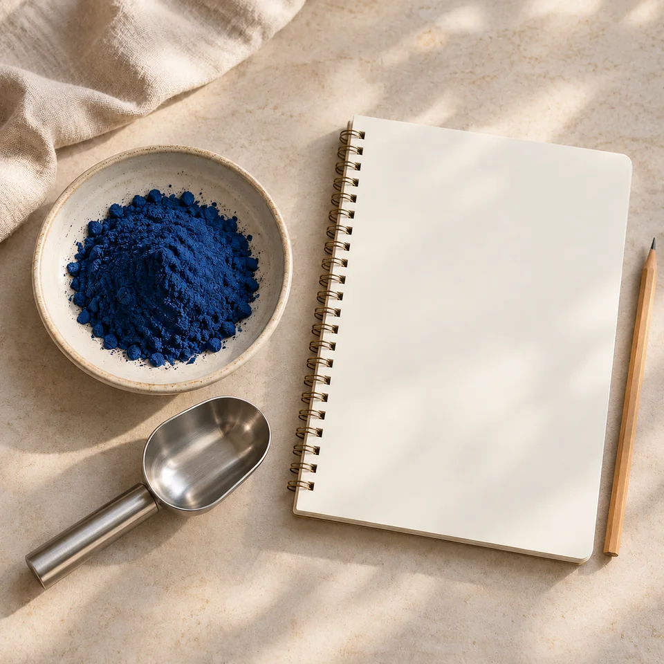 Blank notebook and scoop for Gardenia Blue procurement discussion