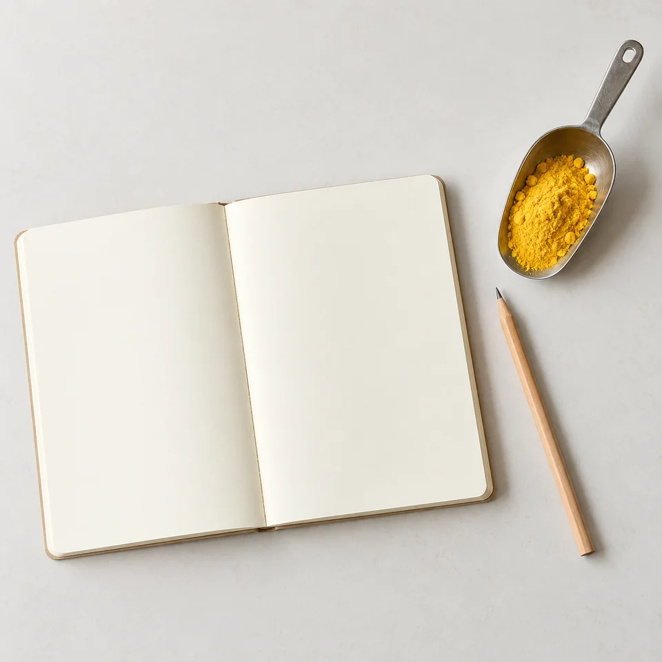 Blank notebook and scoop for Gardenia Yellow procurement discussion