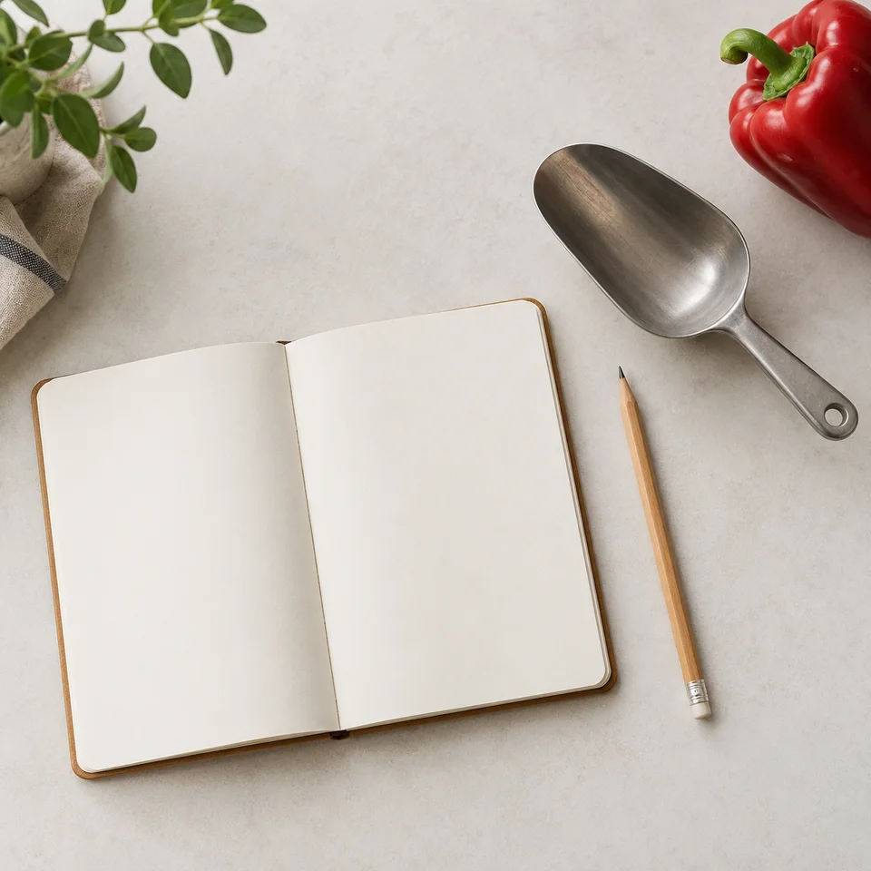 Blank notebook and scoop for Paprika Red Colorant procurement planning