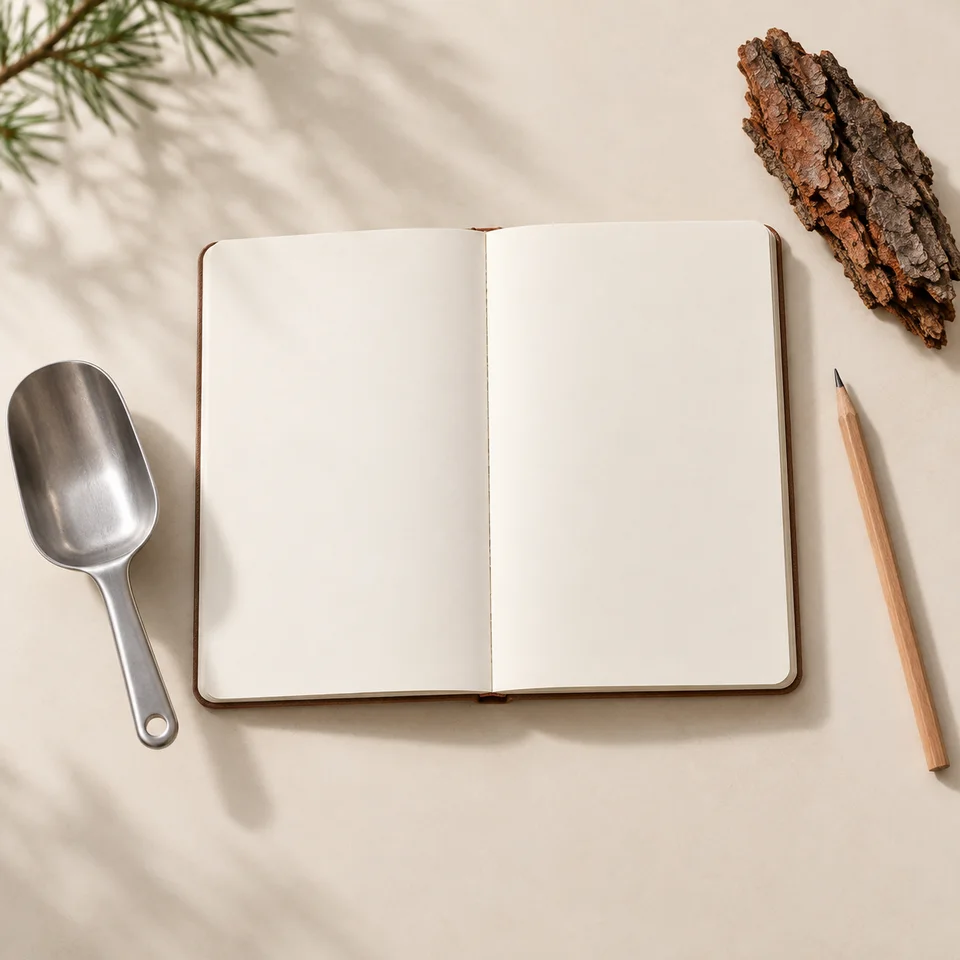 Blank notebook and scoop for Pine Bark Extract procurement planning