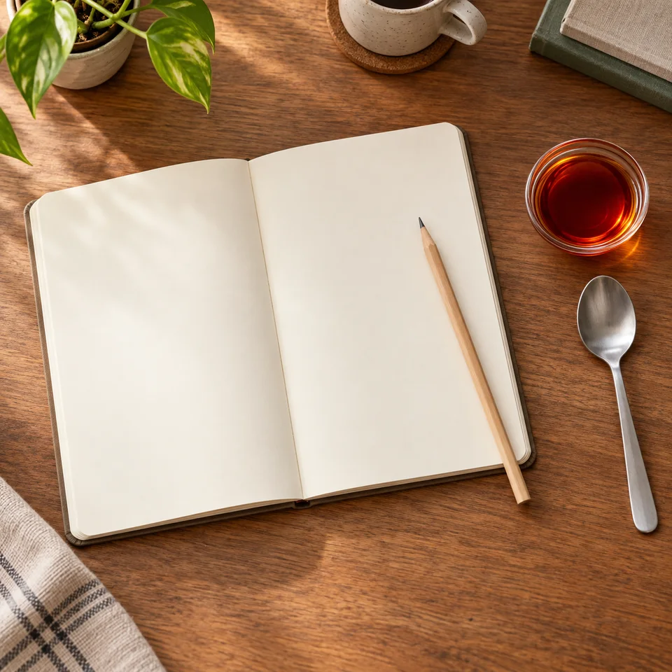 Blank procurement notebook beside an oil presentation