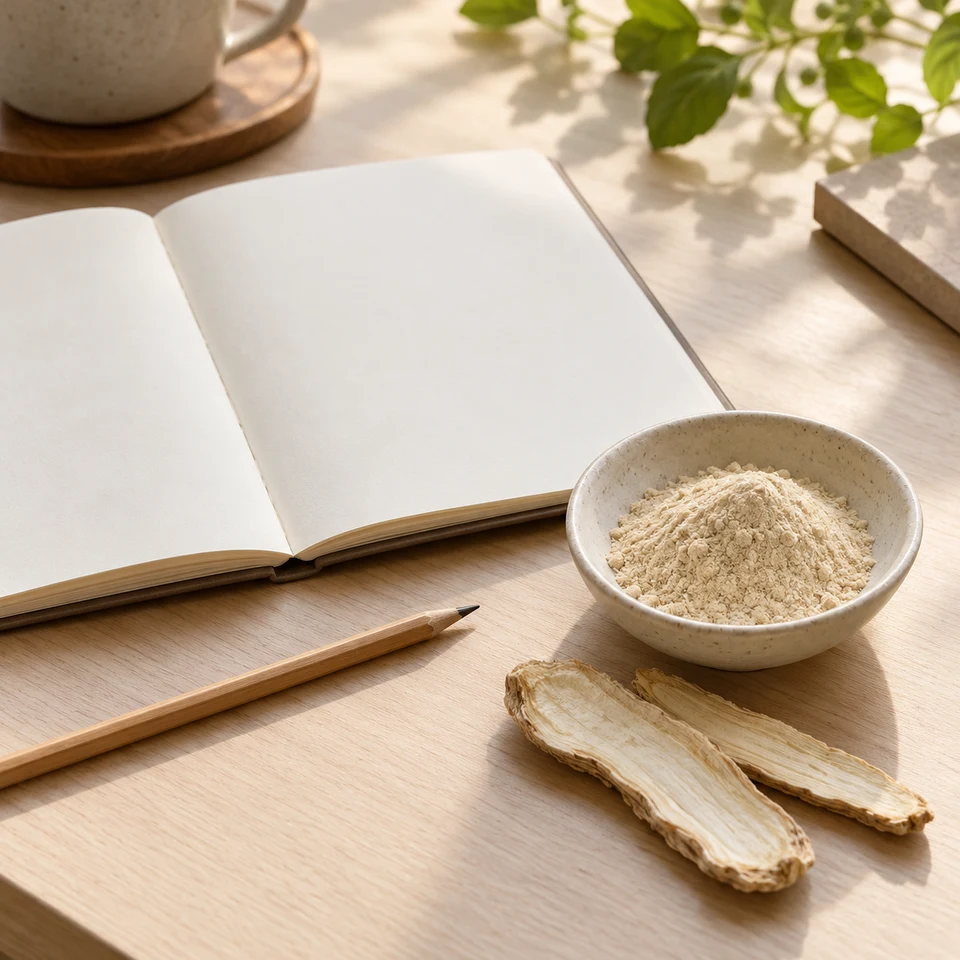 Blank procurement notebook with botanical powder and root slices