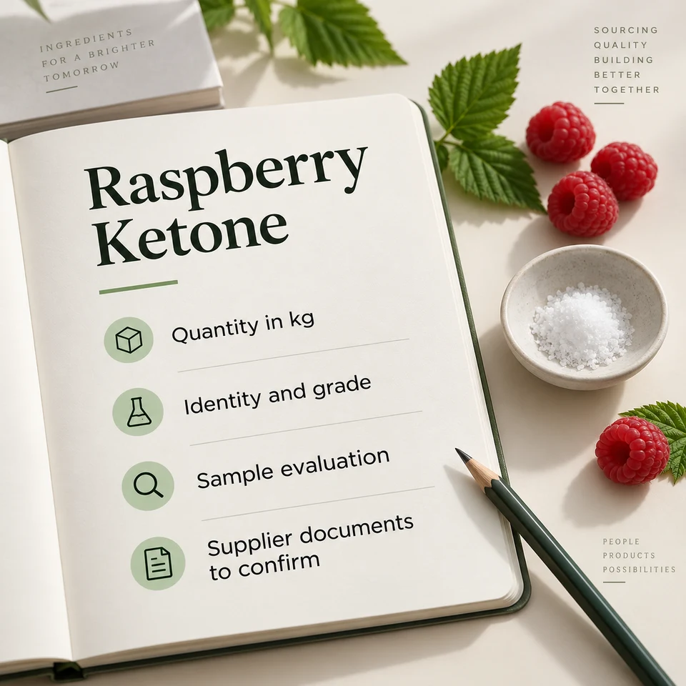 Raspberry Ketone procurement inputs: kg quantity, identity, grade, sample and supplier documents