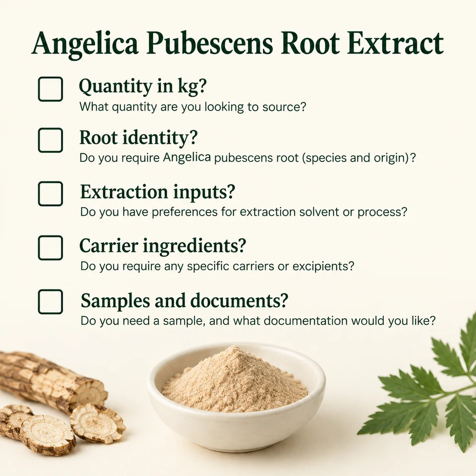 Angelica Pubescens Root Extract procurement questions for kg quantity, extraction, samples and documents