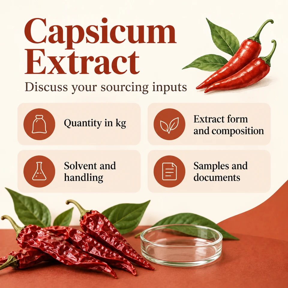 Capsicum Extract procurement questions for kg quantity, extraction, samples and documents