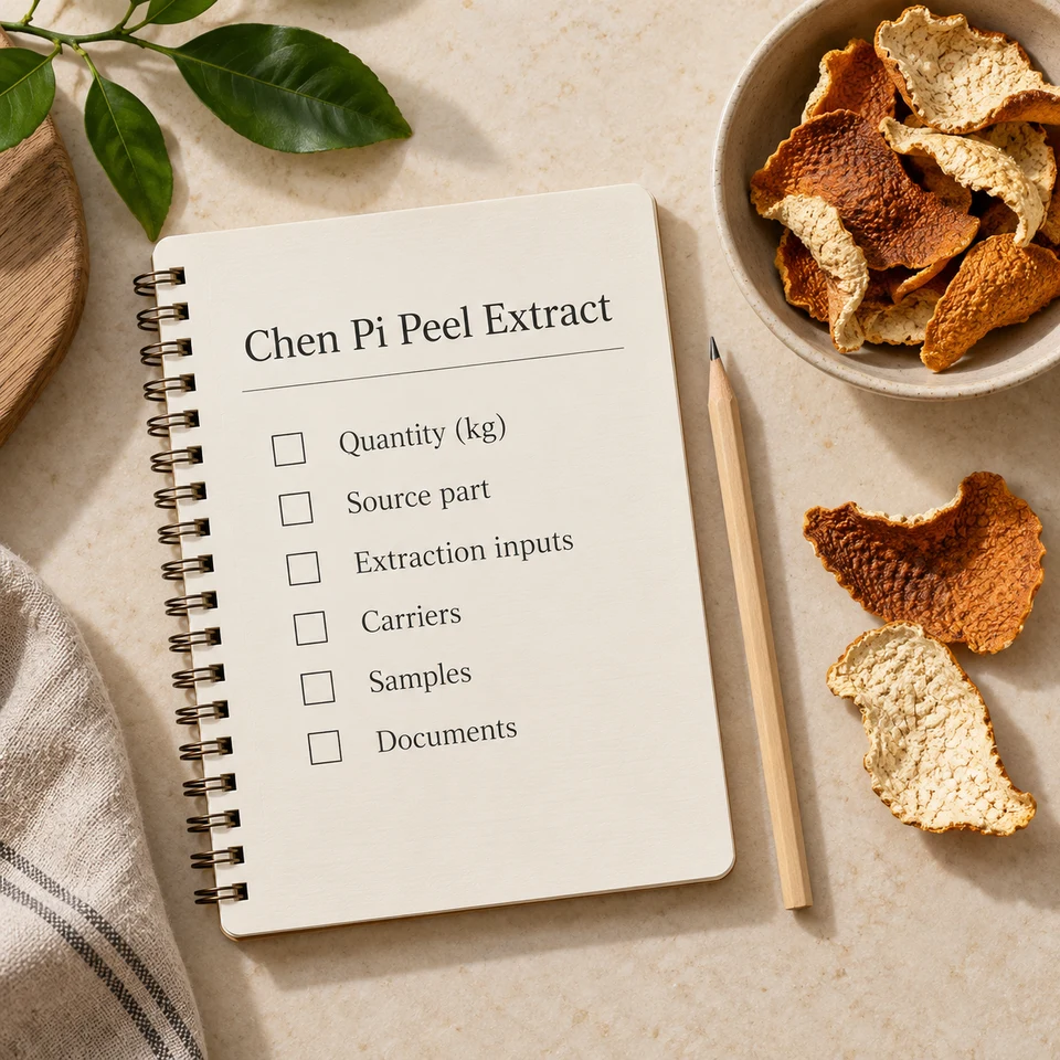 Chen Pi Peel Extract procurement questions for kg quantity, extraction, samples and documents