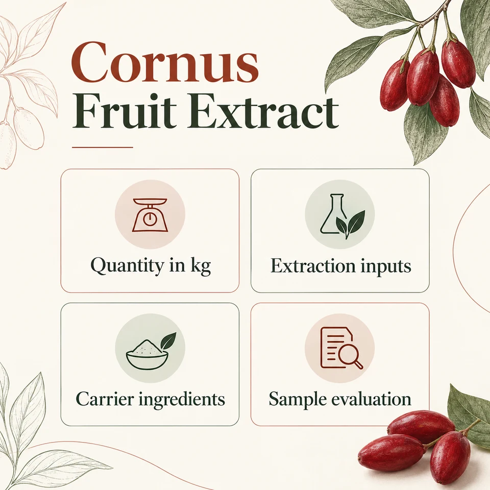 Cornus Fruit Extract procurement questions for kg quantity, extraction, samples and documents