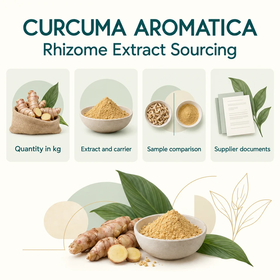 Curcuma Aromatica Rhizome Extract procurement questions for kg quantity, extraction, samples and documents