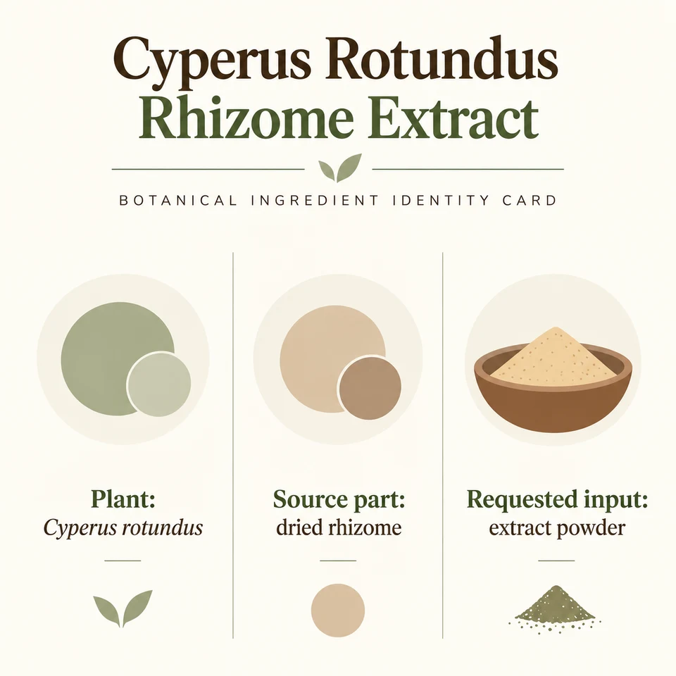 Cyperus rotundus dried rhizome extract powder identity inputs