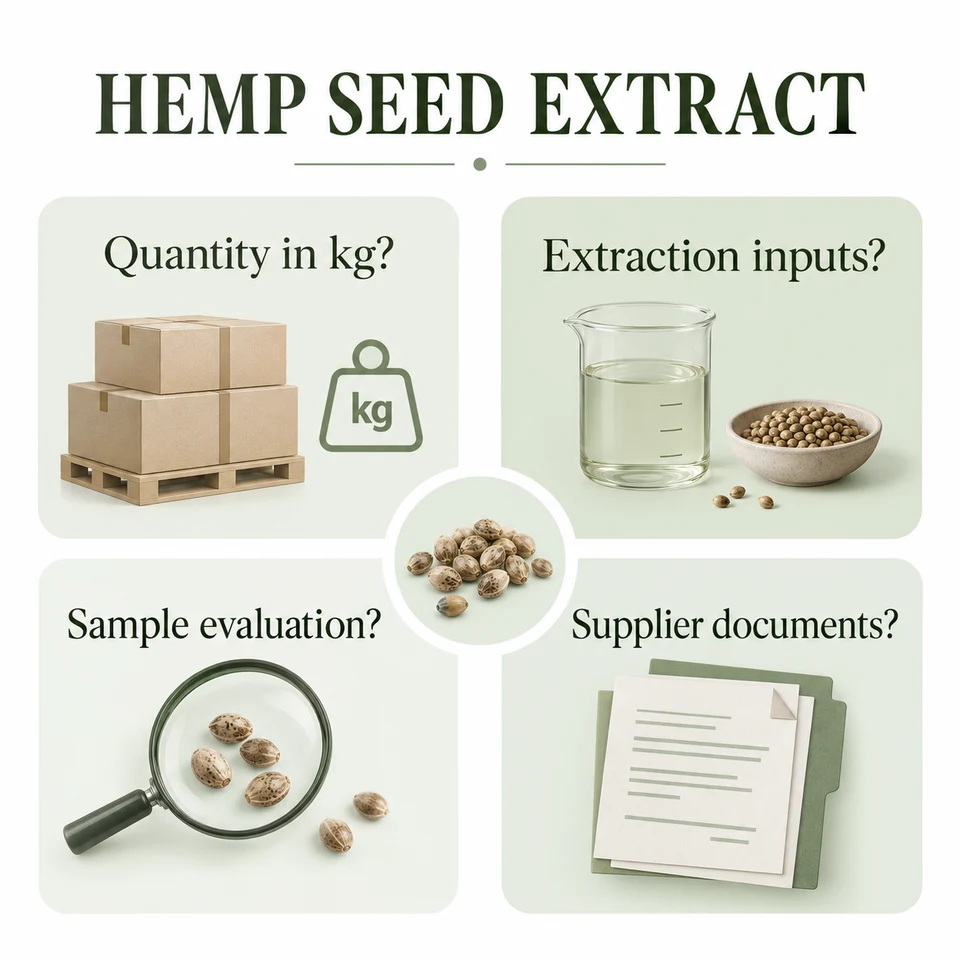 Hemp Seed Extract procurement questions for kg quantity, extraction, samples and documents