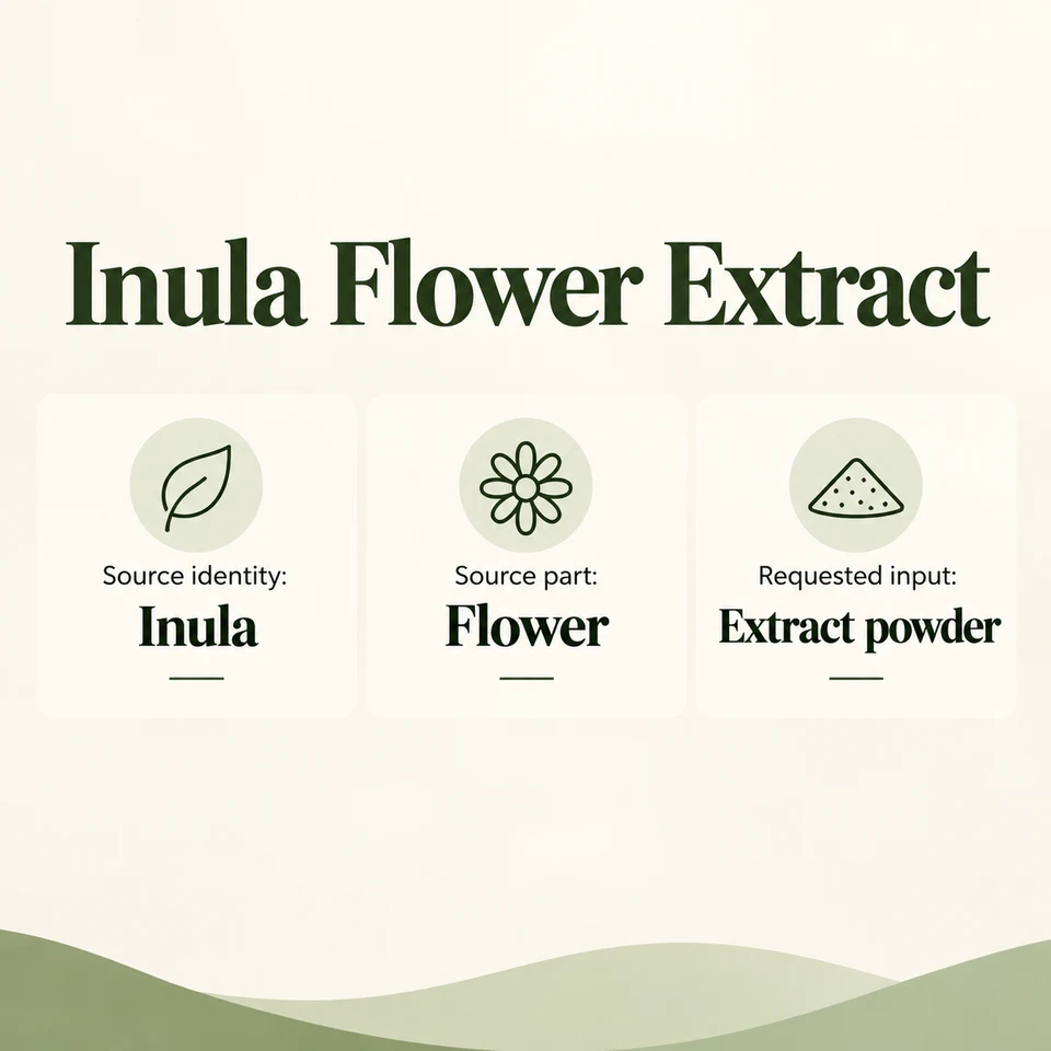 Inula Flower Extract source identity and requested extract inputs