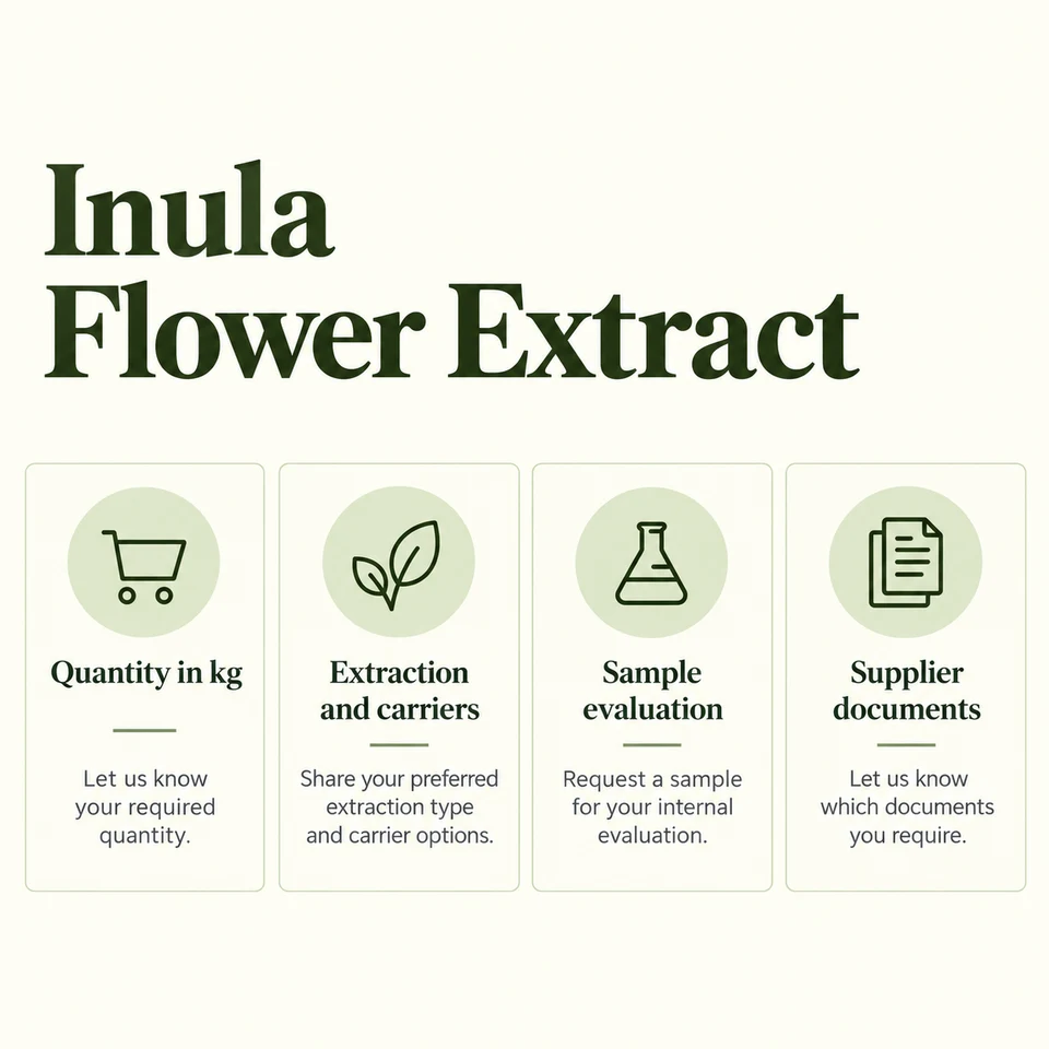 Inula Flower Extract procurement questions for kg quantity, extraction, samples and documents