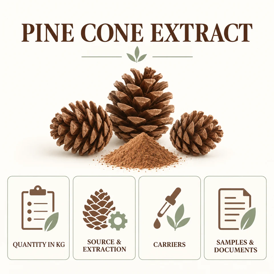 Pine Cone Extract procurement questions for kg quantity, extraction, samples and documents