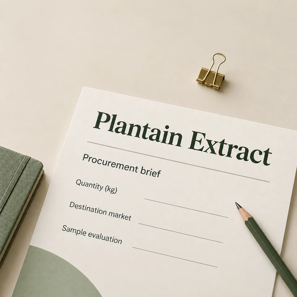 Plantain Extract procurement questions for kg quantity, composition, samples and documents
